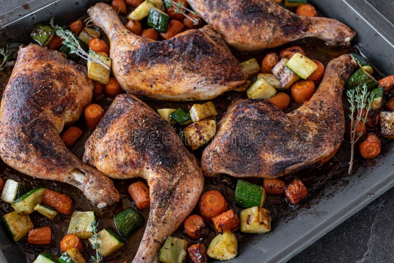 Homemade Chicken with Vegetables on a Baking Tray Stock Photo Image
