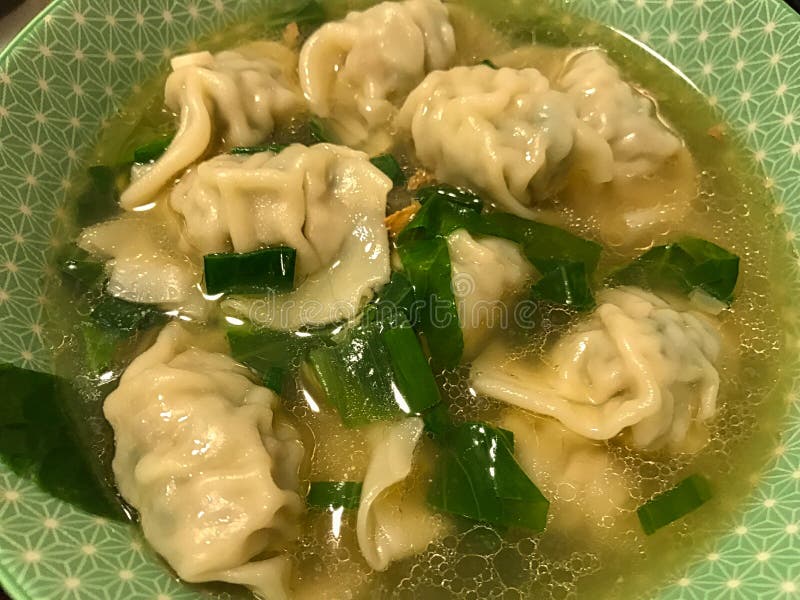 Homemade Chinese Wonton Soup with Bock Choi and Green Onion Stock Photo