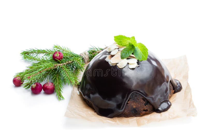 Homemade Christmas pudding isolated on white
