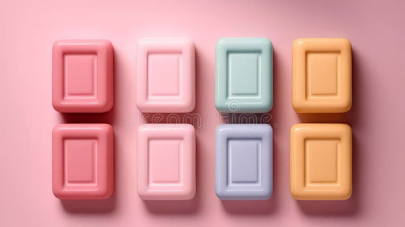 Săpunuri pastel colorate, realizate la domiciliu, pe fond subțire, de culoare roz deschis, cu flamă minimă pentru design. stock illustration