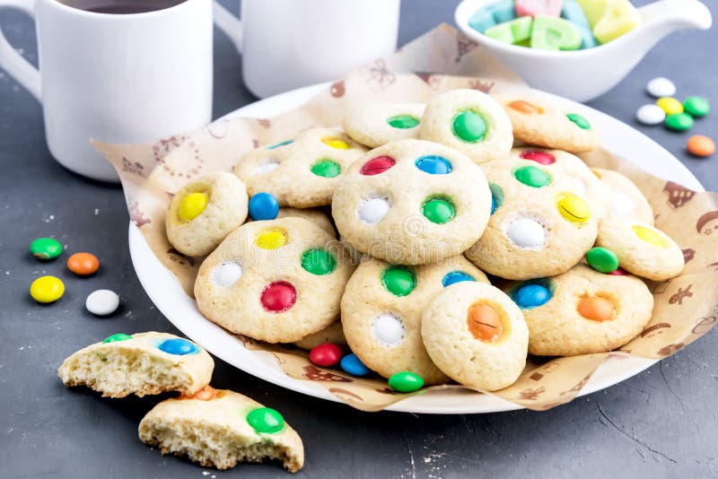 Homemade cookies with colorful chocolate candies