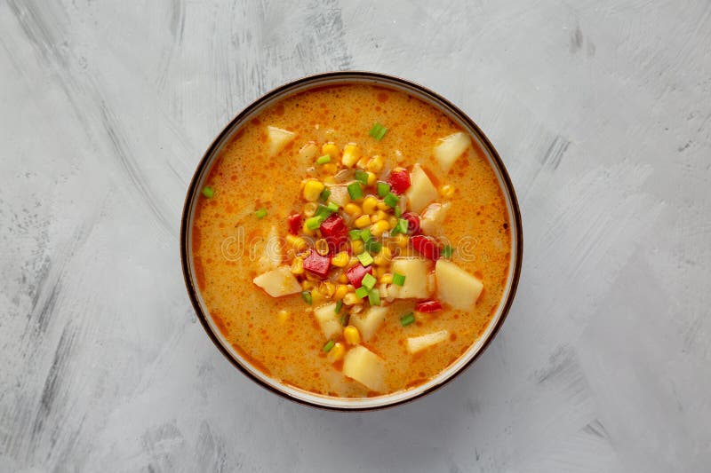 Homemade Corn Chowder in a Bowl, Top View. Flat Lay, Overhead, from