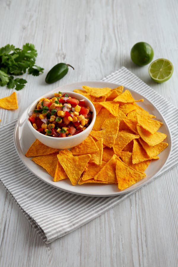 Homemade Corn Salsa with Tortilla Chips on a Plate, Side View Stock Photo Image of salad