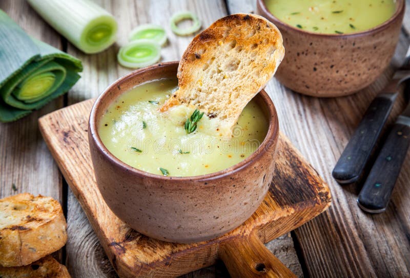 Homemade cream of leek soup with croutons royalty free stock photo Homemade cream of leek soup with croutons royalty free stock photo