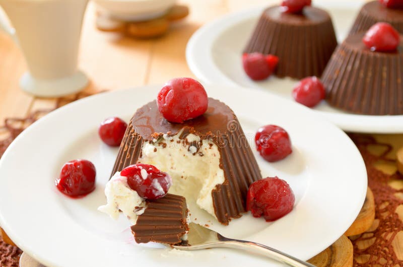 Homemade Custard Ice Cream, Covered with Chocolate and Cherries Stock ...