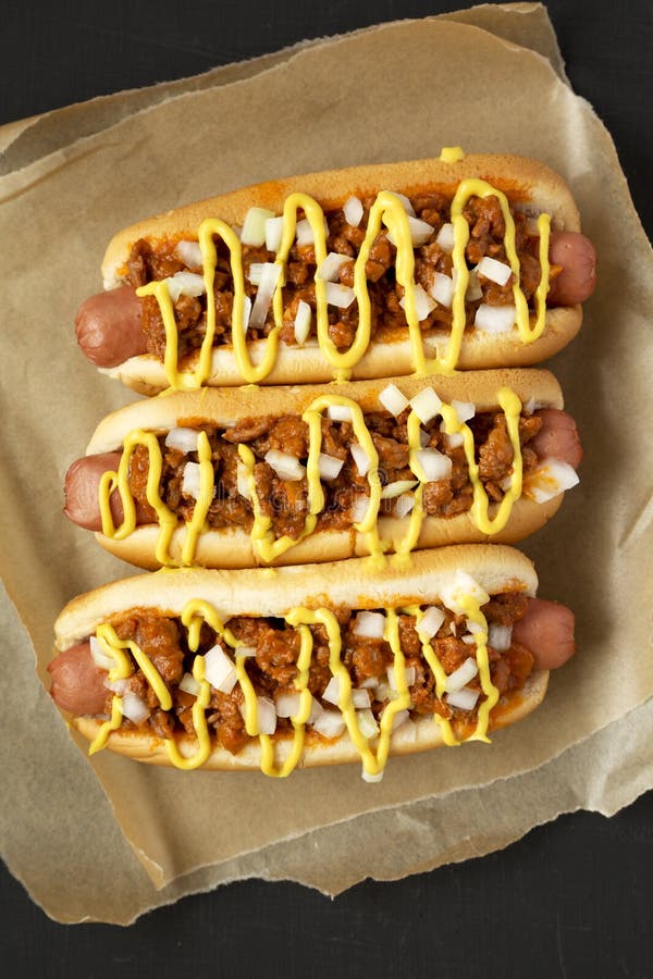 Homemade Detroit Style Chili Dog On A Rustic Wooden Board ...