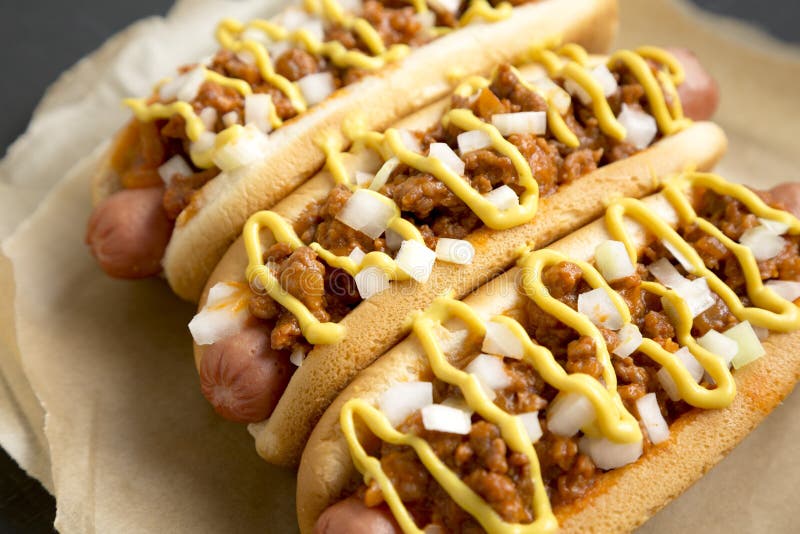 Homemade Detroit Style Chili Dog on a Black Background, Side View ...