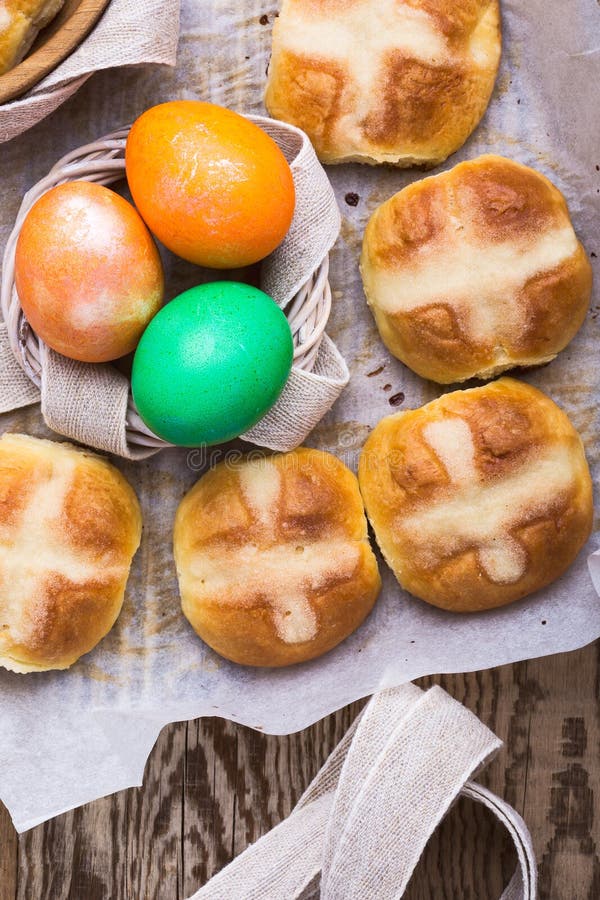 Homemade Easter Hot Cross Buns and Eggs, Top View Stock Photo Image