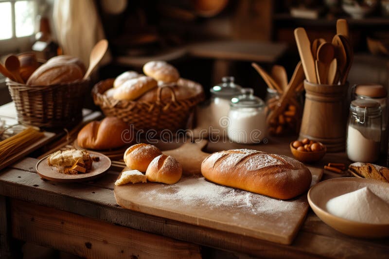 Homemade freshly baked sourdough bread and pastries on a rustic cozy kitchen stock images