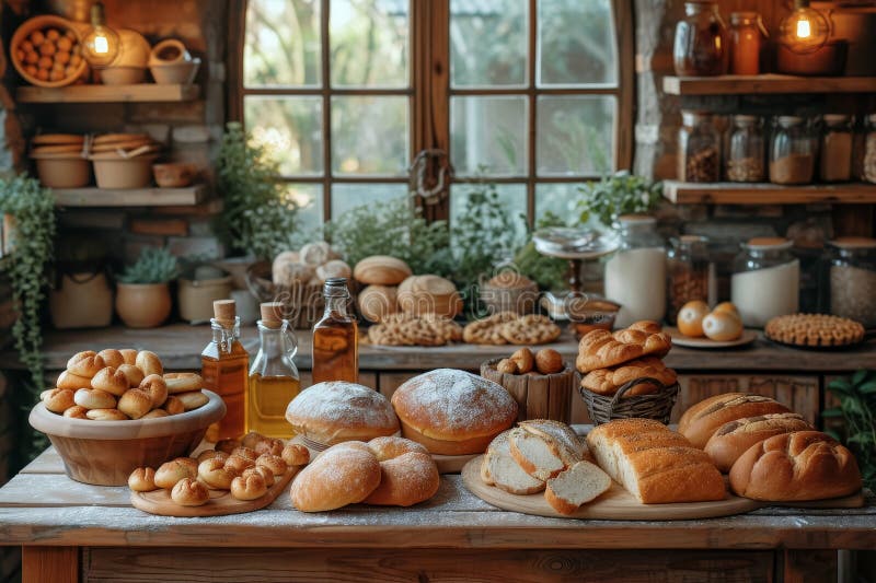Homemade freshly baked sourdough bread and pastries on a rustic cozy kitchen royalty free stock photography