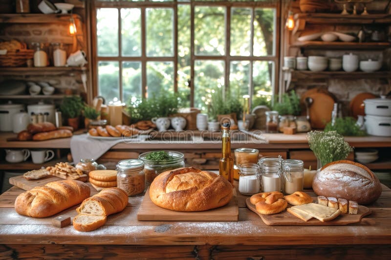 Homemade freshly baked sourdough bread and pastries on a rustic cozy kitchen royalty free stock image