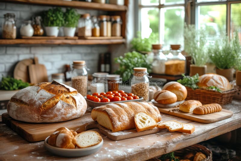 Homemade freshly baked sourdough bread and pastries on a rustic cozy kitchen royalty free stock photography