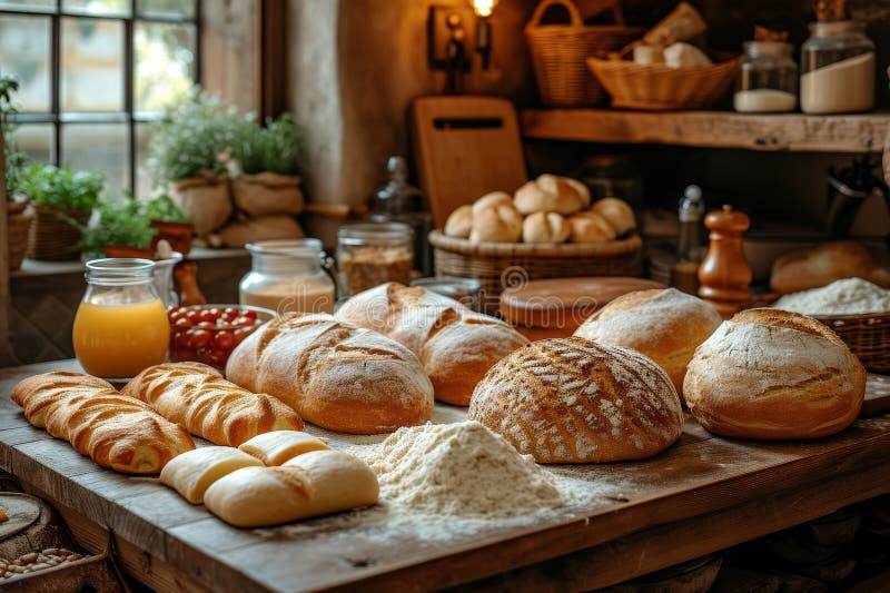 Homemade freshly baked sourdough bread and pastries on a rustic cozy kitchen royalty free stock image