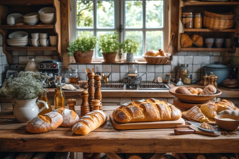 Homemade freshly baked sourdough bread and pastries on a rustic cozy kitchen royalty free stock image