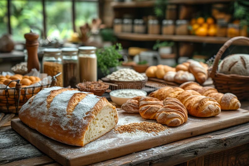 Homemade freshly baked sourdough bread and pastries on a rustic cozy kitchen royalty free stock photos