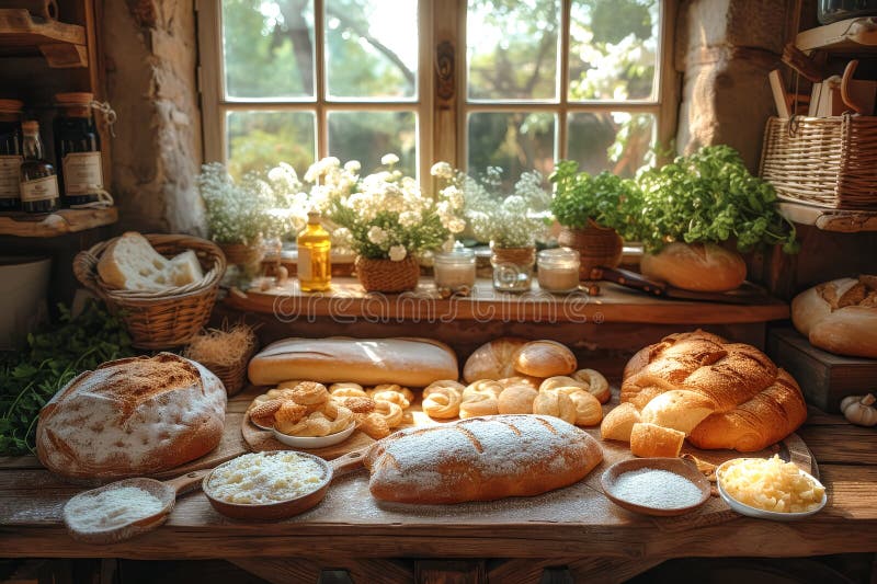 Homemade freshly baked sourdough bread and pastries on a rustic cozy kitchen royalty free stock photo