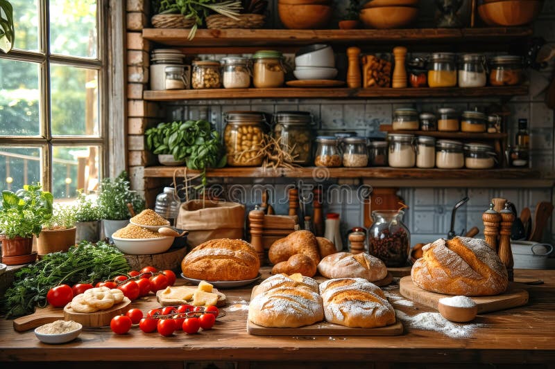 Homemade freshly baked sourdough bread and pastries on a rustic cozy kitchen royalty free stock photos
