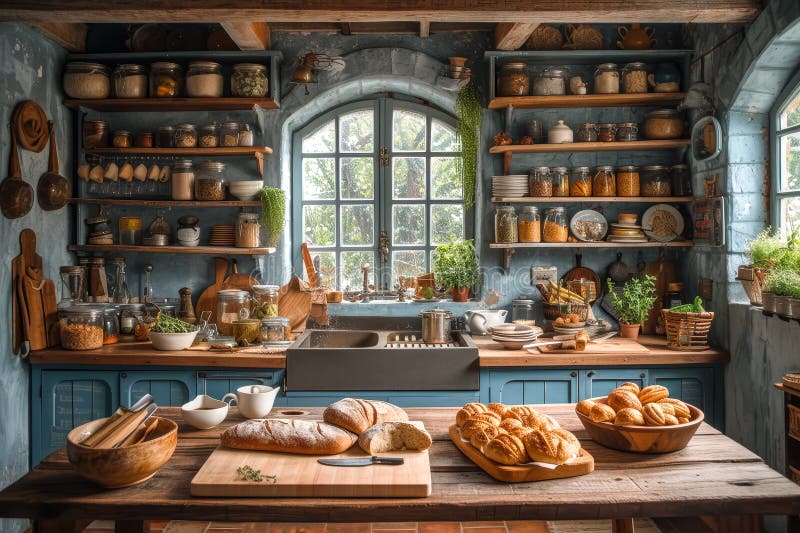 Homemade freshly baked sourdough bread and pastries on a rustic cozy kitchen royalty free stock photos