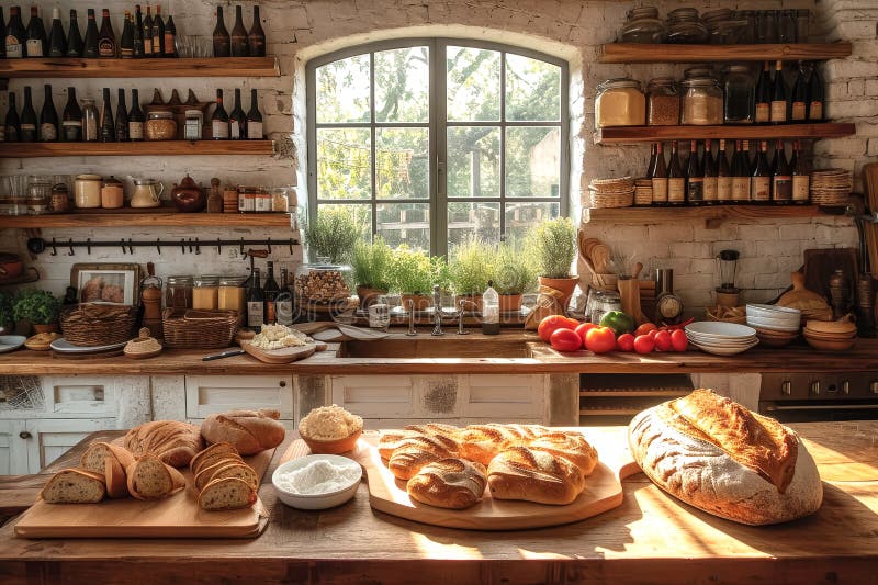 Homemade freshly baked sourdough bread and pastries on a rustic cozy kitchen royalty free stock images