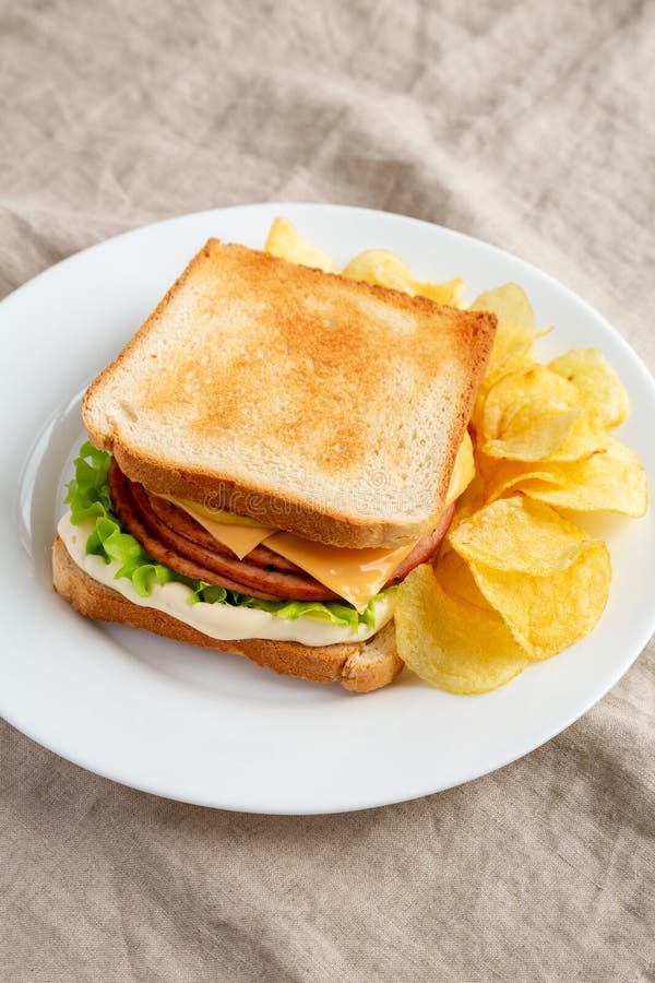 Homemade Fried Bologna and Cheese Sandwich with Chips on a Plate, Side