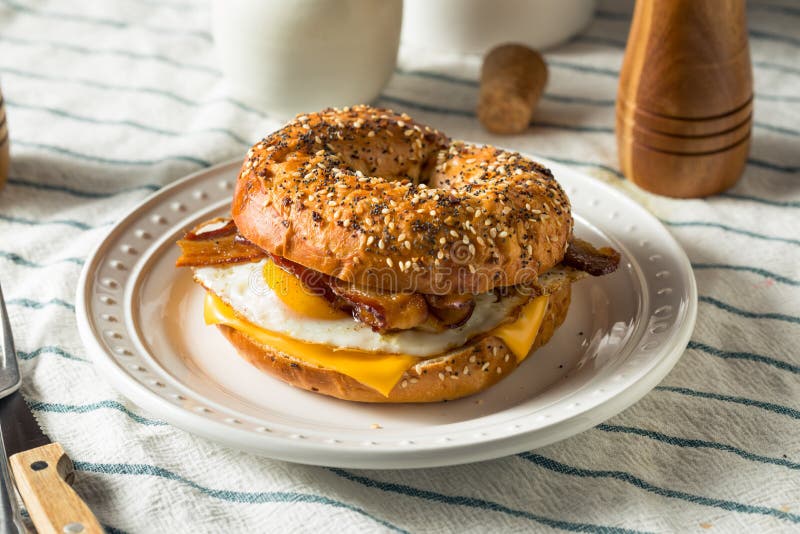 Homemade Fried Egg Bagel Sandwich Stock Image Image of rustic