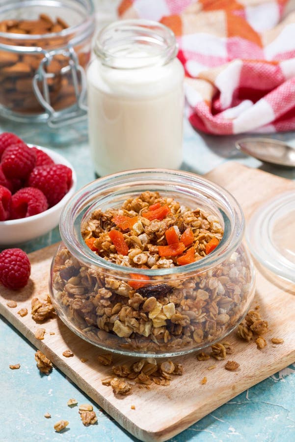Homemade Granola with Dried Apricots and Nuts, Vertical Stock Image Image of health, white