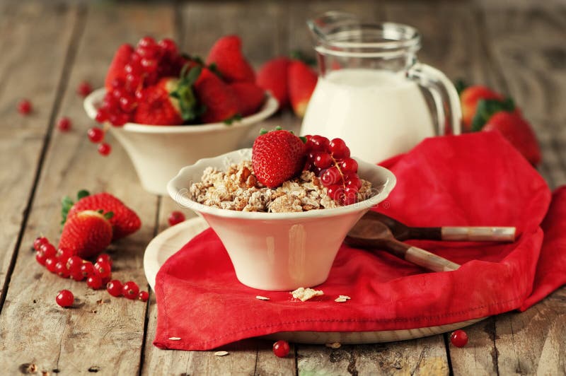Homemade granola with strawberry stock photos