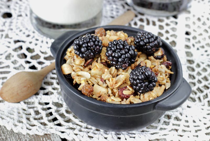 Homemade granola with yogurt and blackberry, healthy breakfast stock photos Homemade granola with yogurt and blackberry, healthy breakfast stock photos
