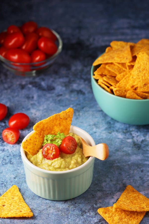 Homemade Guacamole with Corn Chips and Cherry Tomatoes Stock Image Image of chips, cuisine