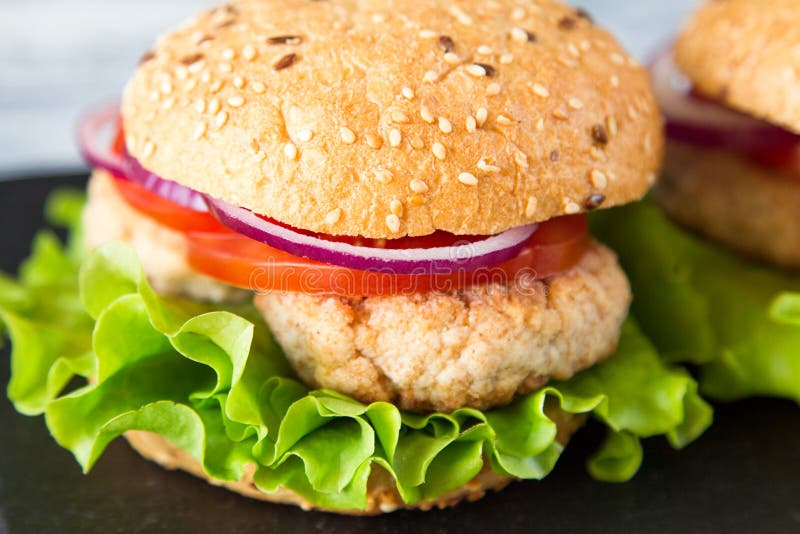 Homemade Healthy Turkey Burger with Lettuce and Tomato. Selective Focus