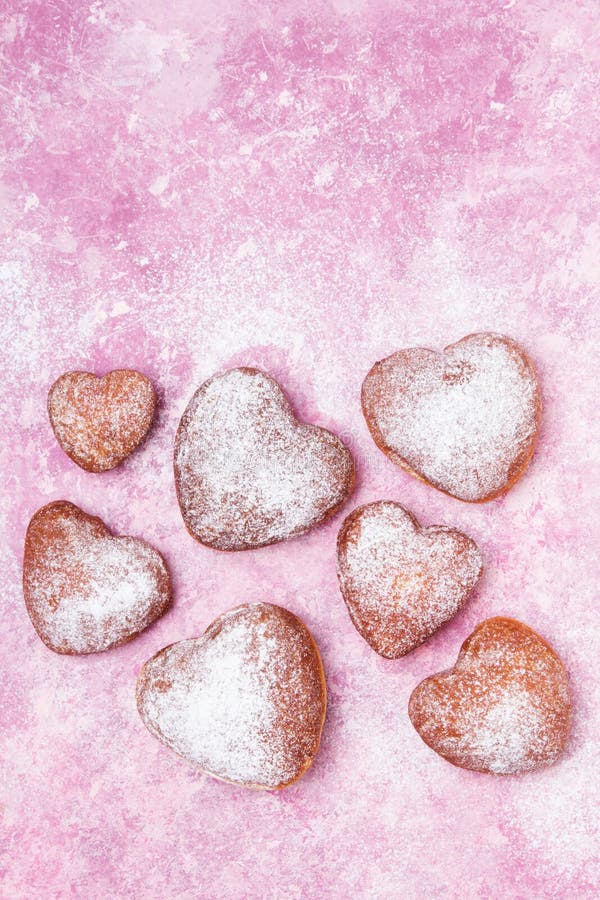 Homemade Heart Sheped Donuts with Powdered Sugar on Pnk Background. Stock  Photo - Image of powdered, pink: 172148378