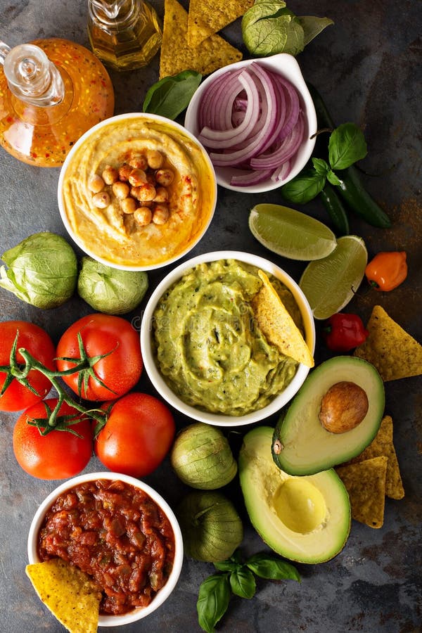 Homemade Hummus, Salsa and Guacamole with Corn Chips Stock Image Image of bowl, green 85657425