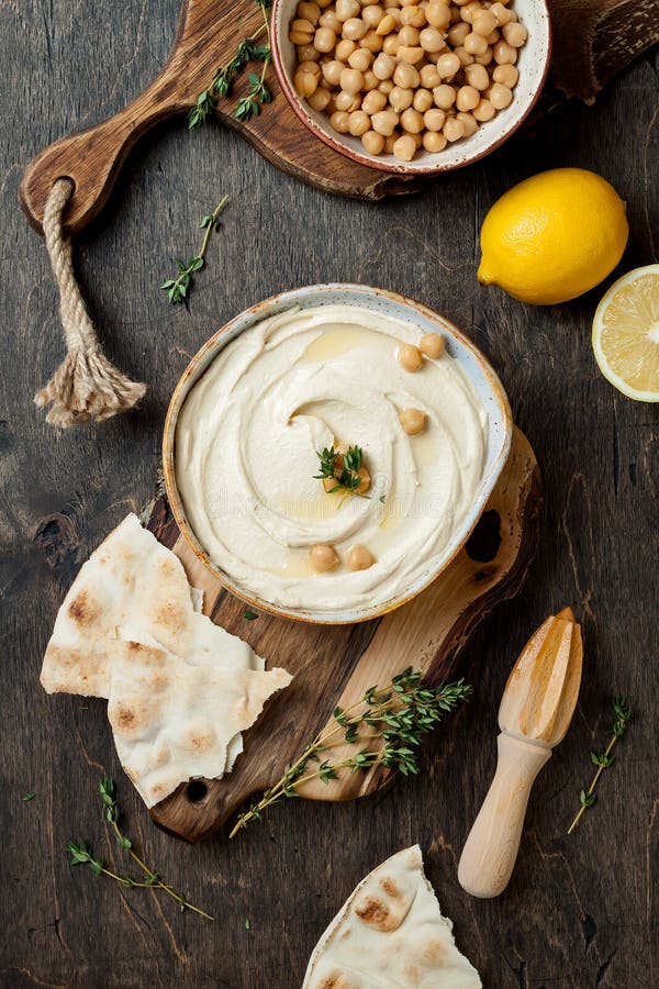 Homemade Hummus with Thyme, Olive Oil. Middle Eastern Traditional and ...