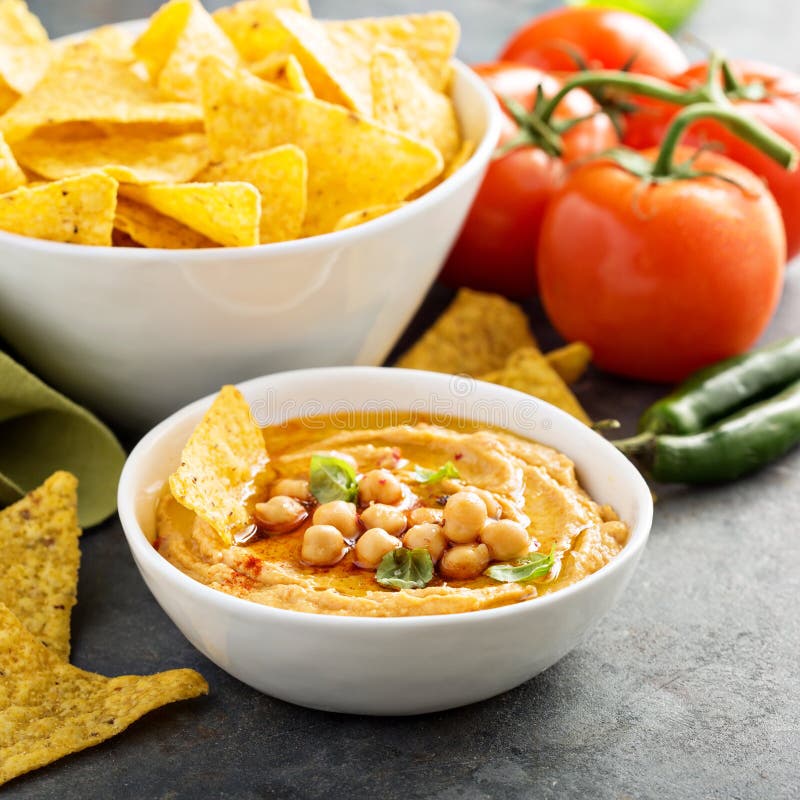Homemade Hummus in White Bowl with Corn Chips Stock Photo Image of