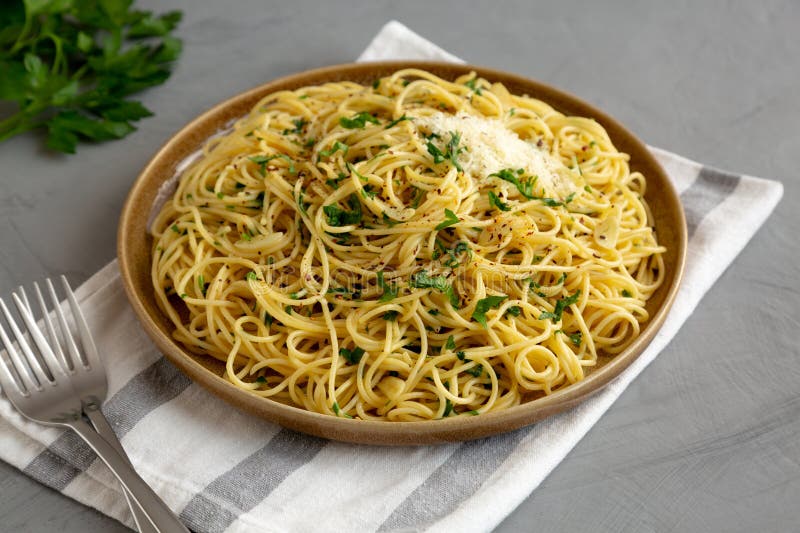 Homemade Italian Spaghetti Aglio E Olio on a Plate, Side View Stock Photo Image of delicious