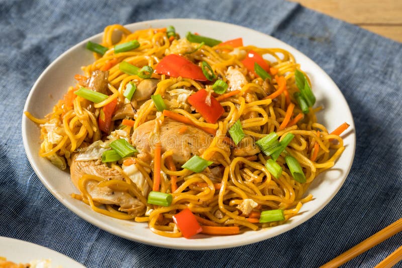 Homemade Japanese Chicken Yakisoba Noodles Stock Photo - Image of plate