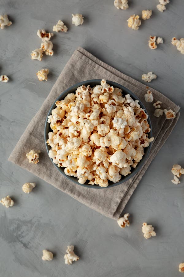 Homemade Kettle Corn Popcorn with Salt in a Bowl, Top View. Flat Lay