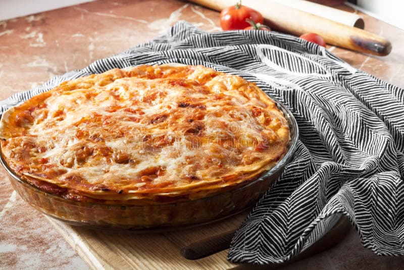 Homemade Lasagna in Round Glass Baking Dish Stock Photo Image of