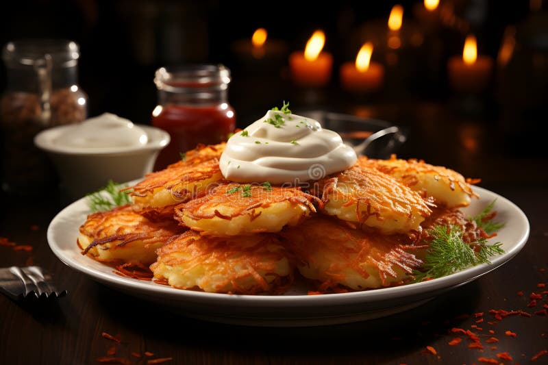 Homemade latkes a hanukkah classic serwował z jabplesauce i kwaśną śmietaną royalty ilustracja