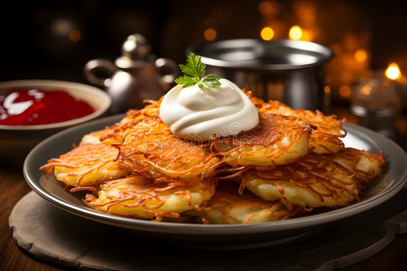 Homemade latkes tradycyjne danie hanukkah serwowane z applesauce i kwaśną śmietaną ilustracja wektor