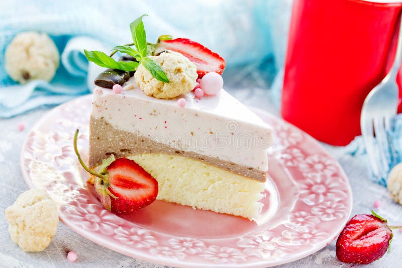 Homemade layered strawberry chocolate mousse cake stock image Homemade layered strawberry chocolate mousse cake stock image