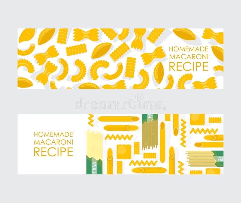 Homemade macaroni banner, vector illustration. Different kinds of uncooked pasta, traditional Italian meal ingredient