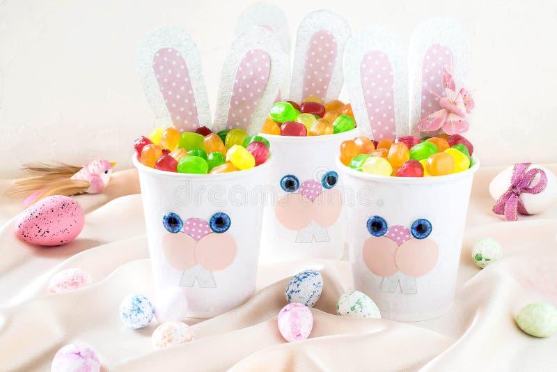 Homemade making of boxes for sweets in form of Easter hare. Step royalty free stock photos Homemade making of boxes for sweets in form of Easter hare. Step royalty free stock photos