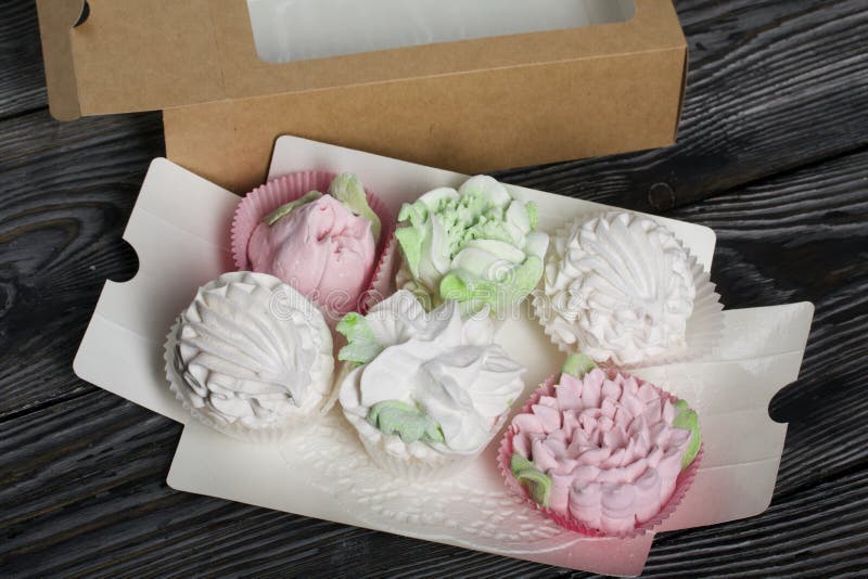 Homemade Marshmallow. Marshmallow Flowers. in Craft Boxes Stock Image