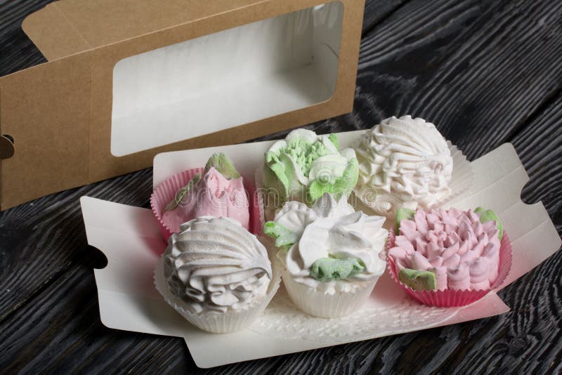 Homemade Marshmallow. Marshmallow Flowers. in Craft Boxes Stock Image