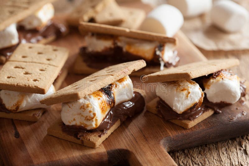 Homemade marshmallow s`mores with chocolate on crackers