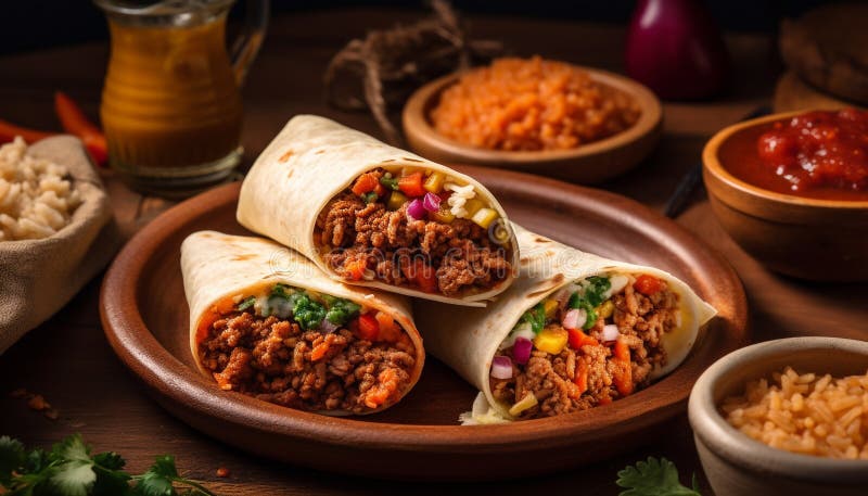 Taco mexican de casă cu guacamole și cilantro proaspeți generați de ai stock illustration