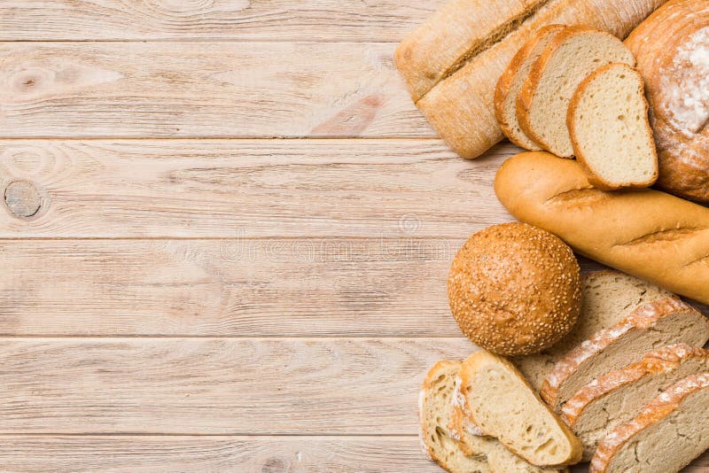 Homemade Natural Breads. Different Kinds of Fresh Bread As Background, Top View with Copy Space