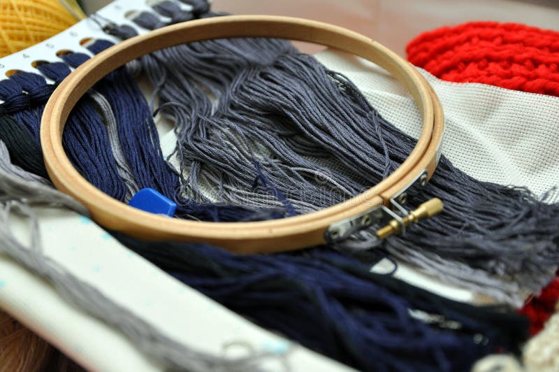 Homemade Needlework. Embroidery Kit, Linen, Hoop, Multicolored Threads. Stock Photo Image of