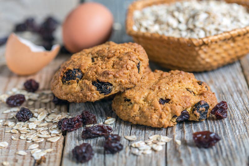 Homemade oatmeal cookies, eggs and raisins. royalty free stock image Homemade oatmeal cookies, eggs and raisins. royalty free stock image